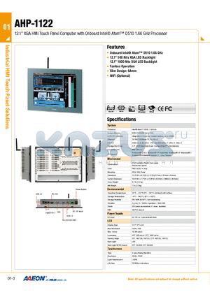AHP-1122 datasheet - 12.1 XGA HMI Touch Panel Computer with Onboard Intel Atom D510 1.66 GHz Processor