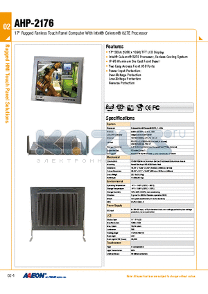 AHP-2176HTT-A2-1010 datasheet - 17 Rugged Fanless Touch Panel Computer With Intel Celeron 827E Processor