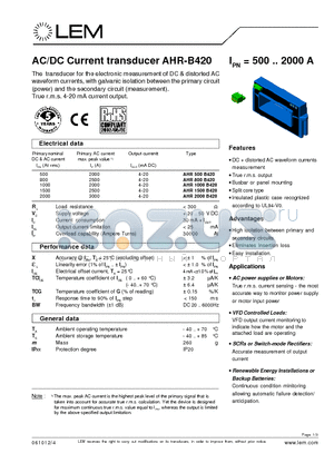 AHR1500B420 datasheet - AC/DC Current transducer