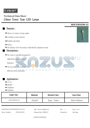 103UYD-S530-A3 datasheet - 2.0mm Tower Type LED Lamps