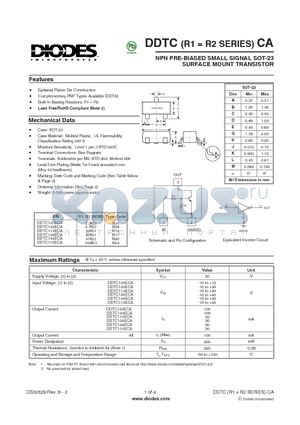 DDTC124ECA-7-F datasheet - NPN PRE-BIASED SMALL SIGNAL SOT-23 SURFACE MOUNT TRANSISTOR