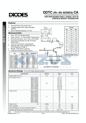 DDTC124XCA-7 datasheet - NPN PRE-BIASED SMALL SIGNAL SOT-23 SURFACE MOUNT TRANSISTOR