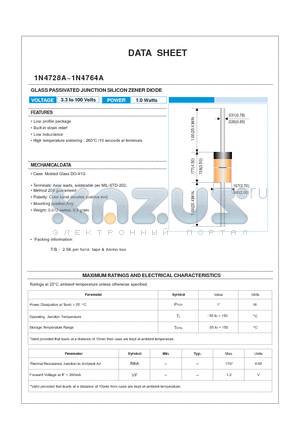 1N4738A datasheet - GLASS PASSIVATED JUNCTION SILICON ZENER DIODE