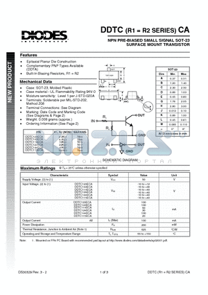 DDTC143ECA datasheet - NPN PRE-BIASED SMALL SIGNAL SOT-23 SURFACE MOUNT TRANSISTOR