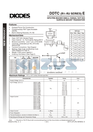 DDTC143XE-7 datasheet - NPN PRE-BIASED SMALL SIGNAL SOT-523  SURFACE MOUNT TRANSISTOR