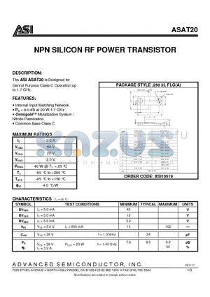 ASAT20_07 datasheet - NPN SILICON RF POWER TRANSISTOR