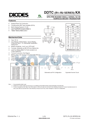 DDTC143ZKA-7-F datasheet - NPN PRE-BIASED SMALL SIGNAL SC-59 SURFACE MOUNT TRANSISTOR