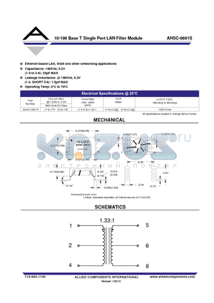 AHSC-0801S datasheet - 10/100 Base T Single Port LAN Filter Module