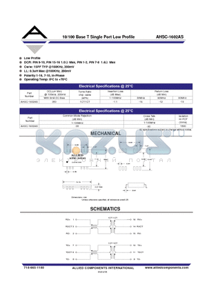 AHSC-1602AS datasheet - 10/100 Base T Single Port Low Profile