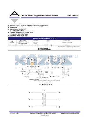 AHSC-0804S datasheet - 10/100 Base T Single Port LAN Filter Module