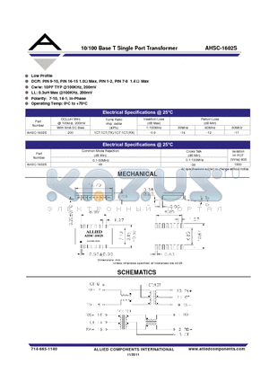 AHSC-1602S datasheet - 10/100 Base T Single Port Transformer