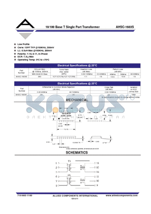 AHSC-1603S datasheet - 10/100 Base T Single Port Transformer