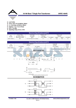 AHSC-1604S datasheet - 10/100 Base T Single Port Transformer