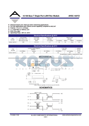 AHSC-1607CI datasheet - 10/100 Base T Single Port LAN Filter Module