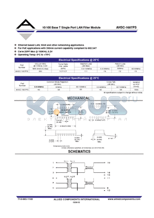 AHSC-1607PS datasheet - 10/100 Base T Single Port LAN Filter Module
