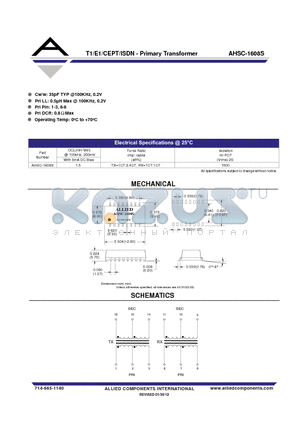 AHSC-1608S datasheet - T1/E1/CEPT/ISDN - Primary Transformer