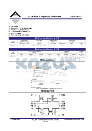 AHSC-1610S datasheet - 10/100 Base T Single Port Transformer