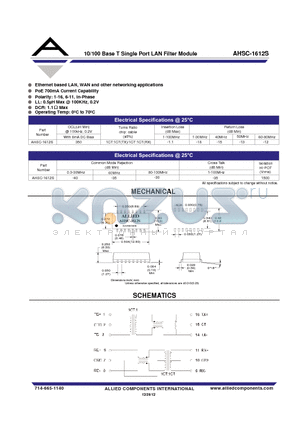 AHSC-1612S datasheet - 10/100 Base T Single Port LAN Filter Module