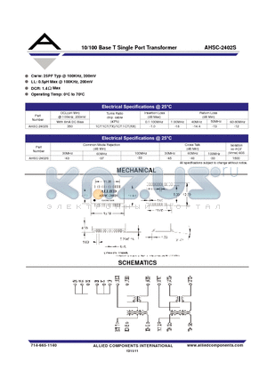 AHSC-2402S datasheet - 10/100 Base T Single Port Transformer