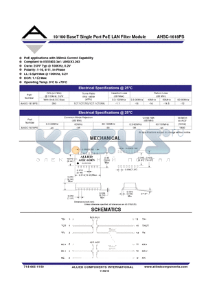 AHSC-1618PS datasheet - 10/100 BaseT Single Port PoE LAN Filter Module