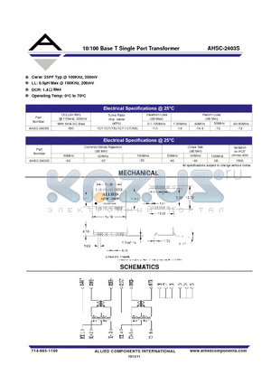 AHSC-2403S datasheet - 10/100 Base T Single Port Transformer