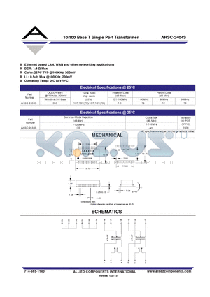 AHSC-2404S datasheet - 10/100 Base T Single Port Transformer
