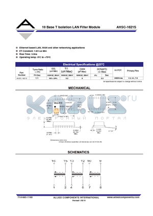 AHSC-1621S datasheet - 10 Base T Isolation LAN Filter Module