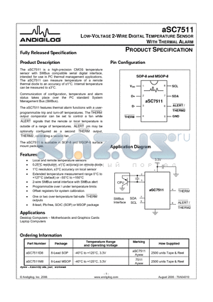 ASC7511 datasheet - LOW- OLTAGE 2-WIRE DIGITAL TEMPERATURE SENSOR