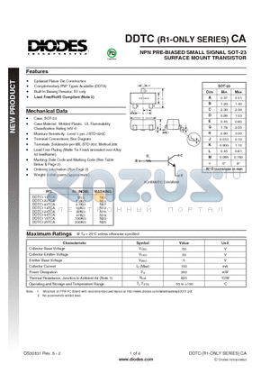 DDTC144TCA-7-F datasheet - NPN PRE-BIASED SMALL SIGNAL SOT-23 SURFACE MOUNT TRANSISTOR