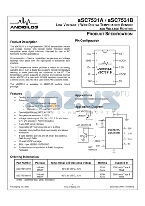 ASC7531A datasheet - LOW-VOLTAGE 1-WIRE DIGITAL TEMPERATURE SENSOR AND VOLTAGE MONITOR