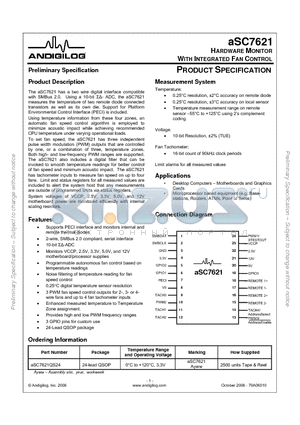 ASC7621 datasheet - HARDWARE MONITOR WITH INTEGRATED FAN CONTROL