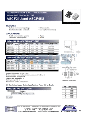 ASCF21U15 datasheet - CERAMIC SURFACE-MOUNT 21.4MHz and 45MHz FUNDAMENTAL MONOLITHIC CRYSTAL FILTERS