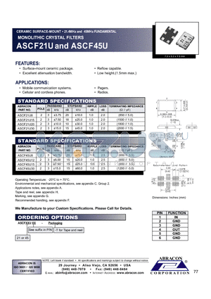 ASCF21U20 datasheet - CERAMIC SURFACE-MOUNT 21.4MHz and 45MHz FUNDAMENTAL MONOLITHIC CRYSTAL FILTERS