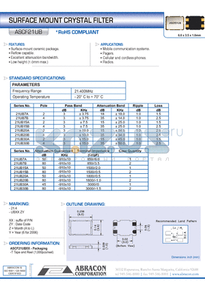 ASCF21UB30A datasheet - SURFACE MOUNT CRYSTAL FILTER