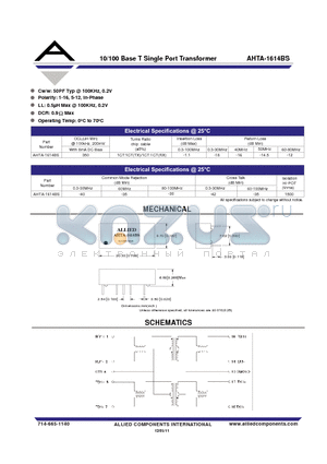 AHTA-1614BS datasheet - 10/100 Base T Single Port Transformer