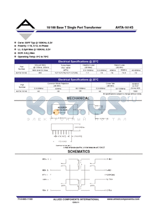 AHTA-1614S datasheet - 10/100 Base T Single Port Transformer