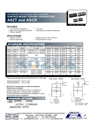 ASCR datasheet - HIGH FREQUENCY, WITH OR WITHOUT BUILT-IN CAPACITORS SURFACE MOUNT CERAMIC RESONATORS