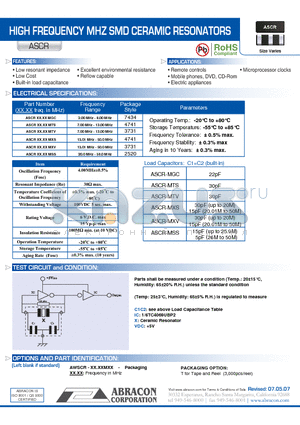 ASCR-MGC datasheet - HIGH FREQUENCY MHZ SMD CERAMIC RESONATORS