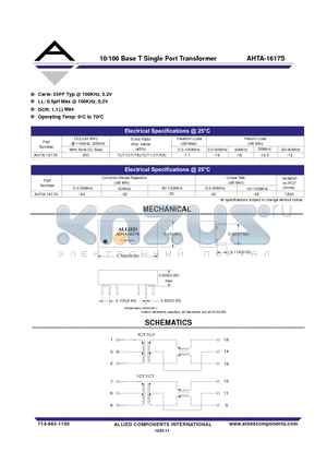 AHTA-1617S datasheet - 10/100 Base T Single Port Transformer