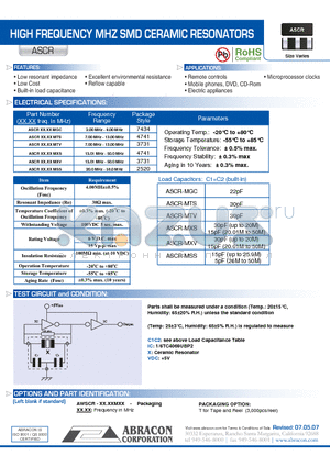 ASCR-MTS datasheet - HIGH FREQUENCY MHZ SMD CERAMIC RESONATORS