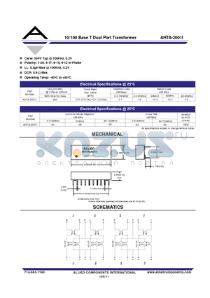 AHTA-2001I datasheet - 10/100 Base T Dual Port Transformer