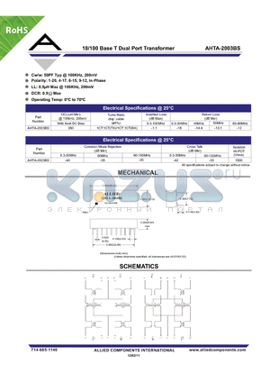 AHTA-2003BS datasheet - 10/100 Base T Dual Port Transformer