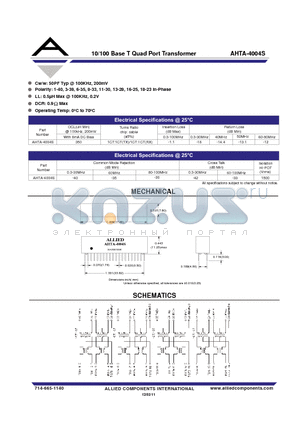 AHTA-4004S datasheet - 10/100 Base T Quad Port Transformer
