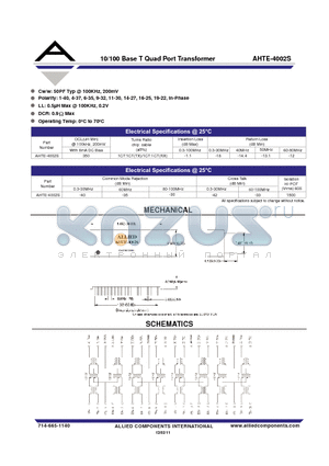 AHTE-4002S datasheet - 10/100 Base T Quad Port Transformer