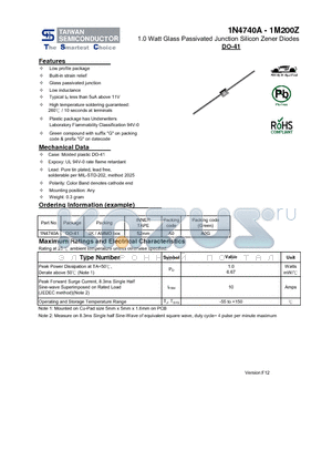 1N4741A datasheet - 1.0 Watt Glass Passivated Junction Silicon Zener Diodes