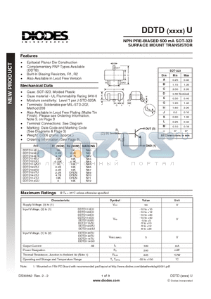 DDTD114EU datasheet - NPN PRE-BIASED 500 mA SOT-323 SURFACE MOUNT TRANSISTOR