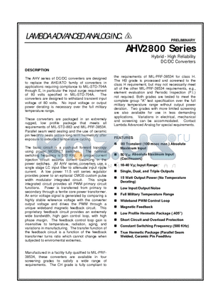 AHV2800 datasheet - Hybrid - High Reliability DC/DC Converters
