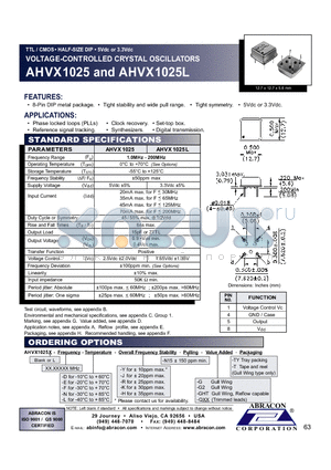 AHVX1025 datasheet - TTL / CMOS HALF-SIZE DIP 5Vdc or 3.3Vdc VOLTAGE-CONTROLLED CRYSTAL OSCILLATORS