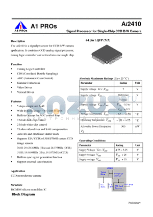 AI2410 datasheet - Signal Processor for Single-Chip CCD B/W Camera