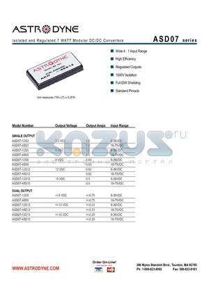 ASD07-12D15 datasheet - Isolated and Regulated 7 WATT Modular DC/DC Converters